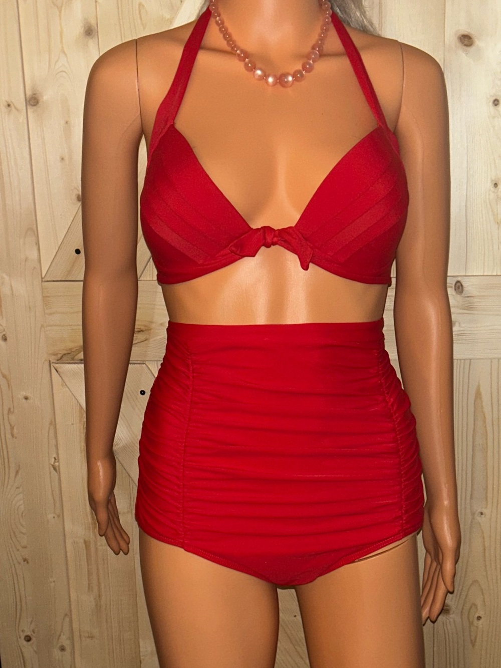 COCOSHIP Bold Red High Waisted Bikini